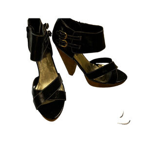 Steve‎ Madden Black Open Toe Pumps chunky cork style  9.5 biker buckles y2k